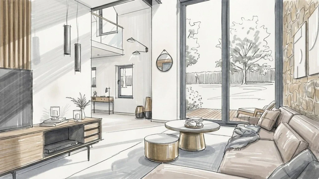 Croquis d'une pièce de vie d'une rénovation de maison ancienne réalisé avec l'IA de Cedreo