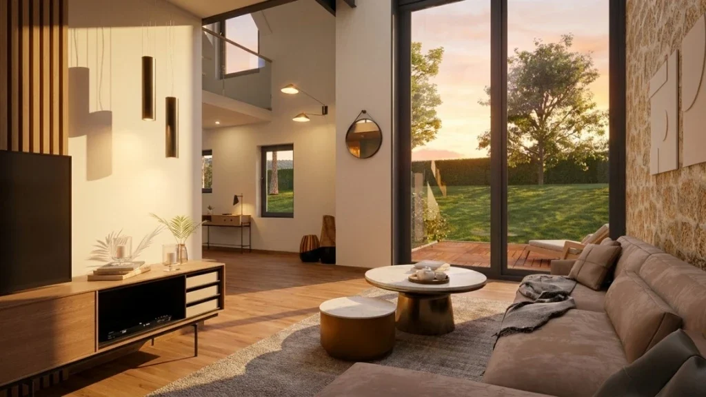 Rendu 3D photoréaliste d'un salon aménagé d'une maison ancienne rénovée réalisé avec Cedreo