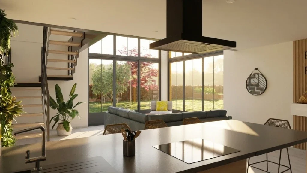 Rendu 3D photoréaliste d'une pièce de vie moderne avec verrière réalisé avec l'IA de Cedreo