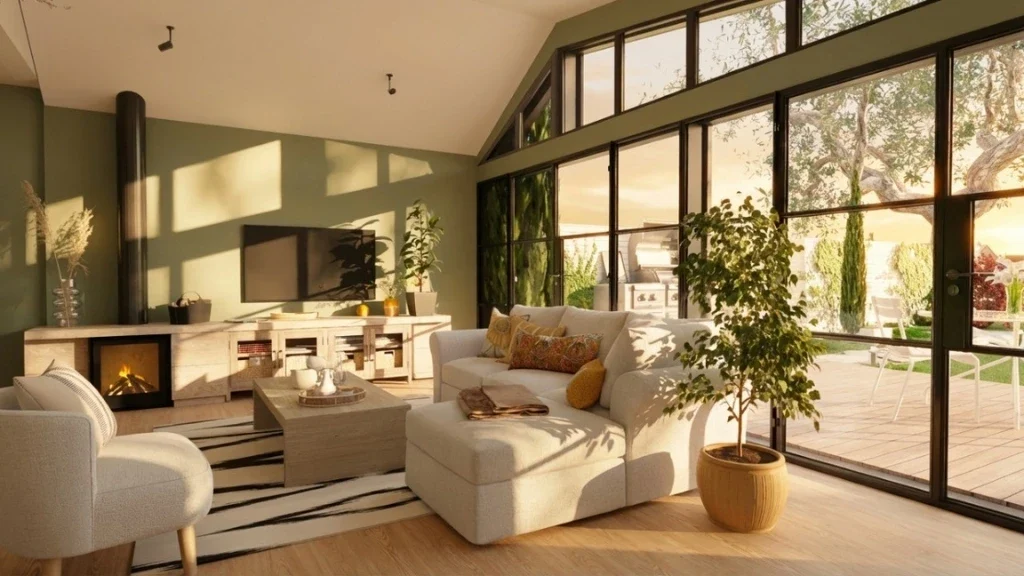 Visuel 3D d'un intérieur d'un salon sous une extension véranda réaliser avec Cedreo