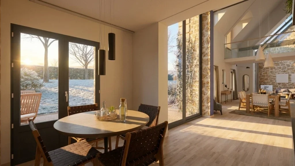 Visuel 3D photoréaliste d'une pièce de vie d'une maison ancienne rénovée réaliser avec le logiciel Cedreo