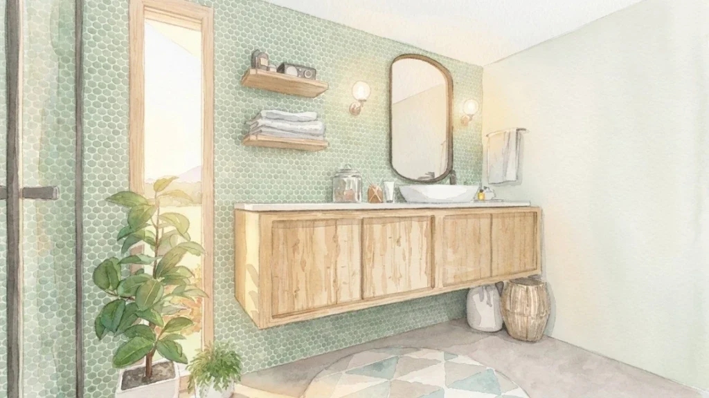 Illustration en aquarelle d'une salle de bain réaliser grâce à l'effet IA du logiciel Cedreo