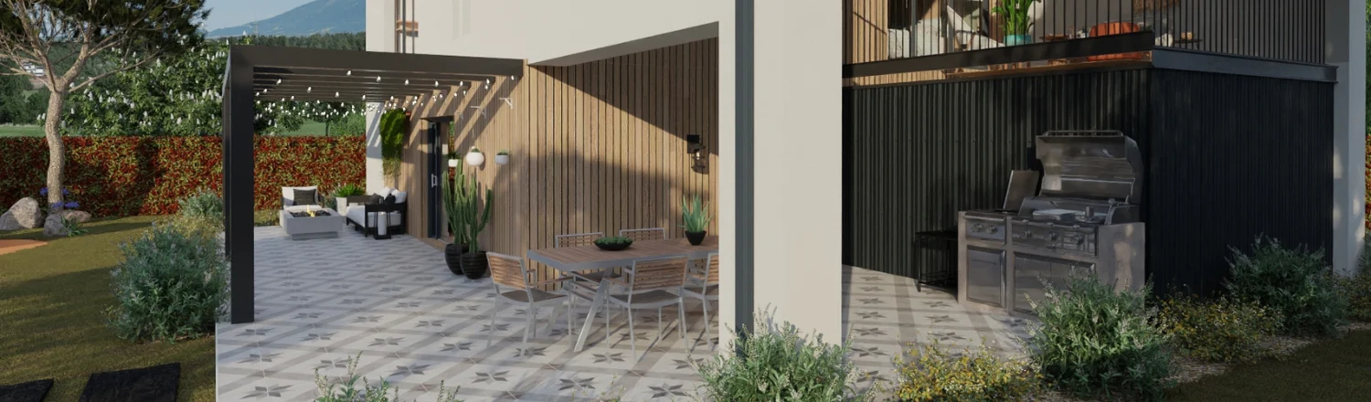 Rendu 3D extérieur d'une terrasse aménagée réalisée avec Cedreo