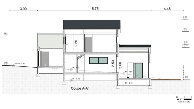 Plan de coupe d'une maison individuelle terrain en pente et demi niveau réaliser avec le logiciel Cedero