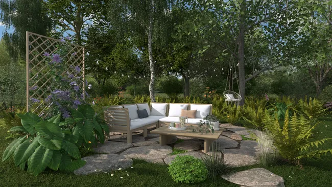 Rendu 3D d'un aménagement de jardin bucolique avec salon de jardin réalisé avec Cedreo