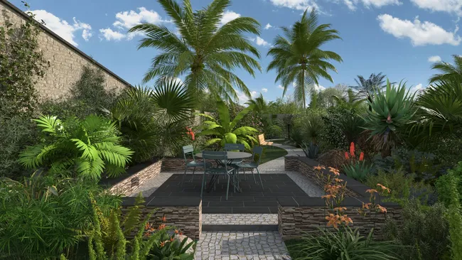 Rendu 3D d'un jardin tropical réaliser avec la bibliothèque de végétaux de Cedreo
