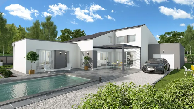 Rendu 3D d'une villa moderne avec terrasse et piscine réalisé avec Cedreo