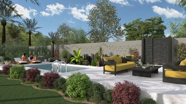 Rendu 3D d'un aménagement extérieur avec terrasse, piscine et jardin avec massif de végétation réaliser avec le logiciel Cedreo