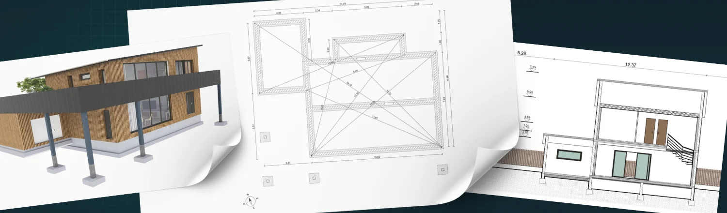 Illustration de trois documents représentant les fondations d'une maison. un plan de coupe, un plan de fondation et une vue 3D de la maison avec les fondations réaliser tous par Cedreo