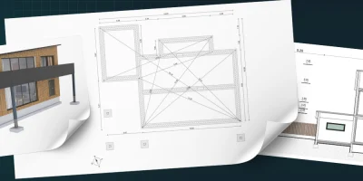 Illustration de trois documents représentant les fondations d'une maison. un plan de coupe, un plan de fondation et une vue 3D de la maison avec les fondations réaliser tous par Cedreo