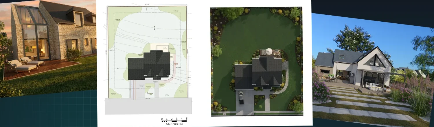 Illustration d'un plan de masse, d'un plan d'aménagement extérieur et des rendu 3D photoréaliste réalisrer avec Cedreo