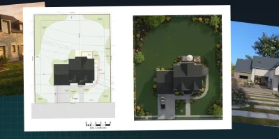 Illustration d'un plan de masse, d'un plan d'aménagement extérieur et des rendu 3D photoréaliste réalisrer avec Cedreo