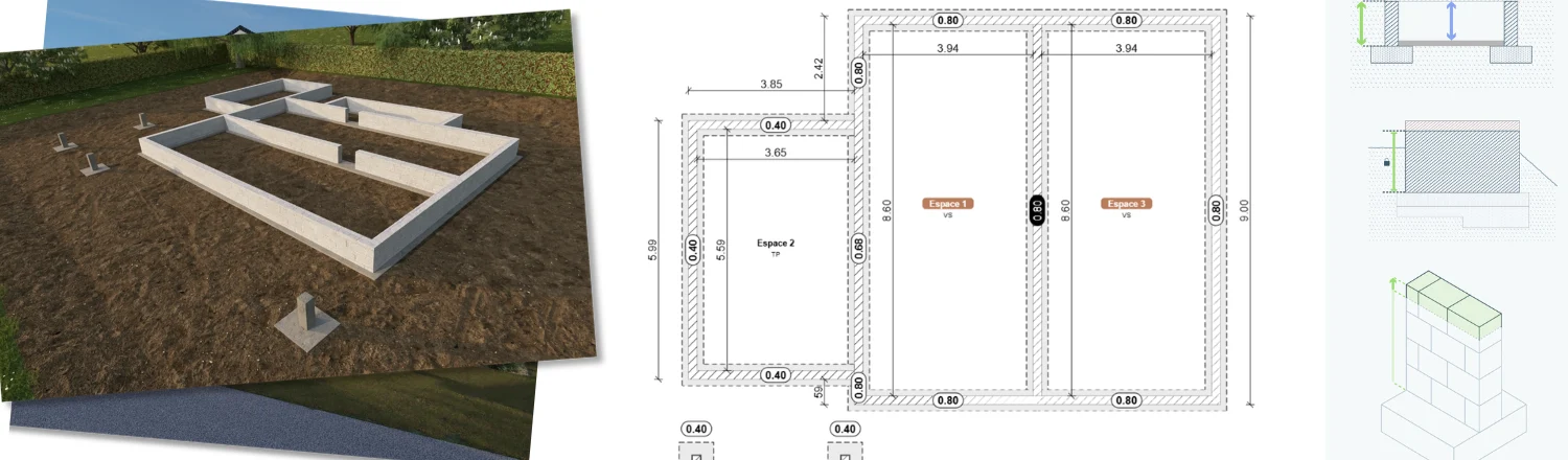 illustration d'un plan de fondation en 2D et en 3D réalisé avec le logiciel Cedreo