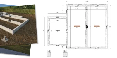 illustration d'un plan de fondation en 2D et en 3D réalisé avec le logiciel Cedreo