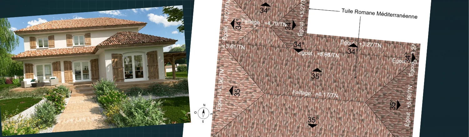 Rendu 3D d'une maison de style méditerranéenne avec son plan de toiture réalisé avec Cedreo
