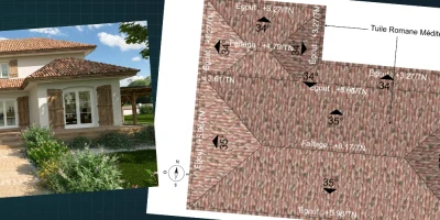 Rendu 3D d'une maison de style méditerranéenne avec son plan de toiture réalisé avec Cedreo