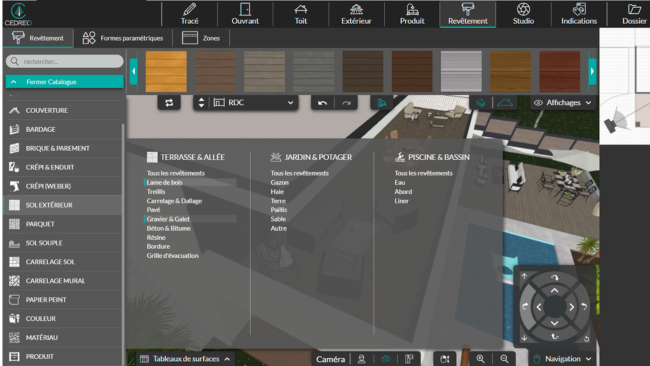 Interface logiciel Cedreo module revêtement extérieur d'une terrasse
