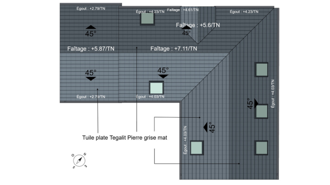 Plan de toiture d'une maison en L réaliser avec le logiciel Cedreo