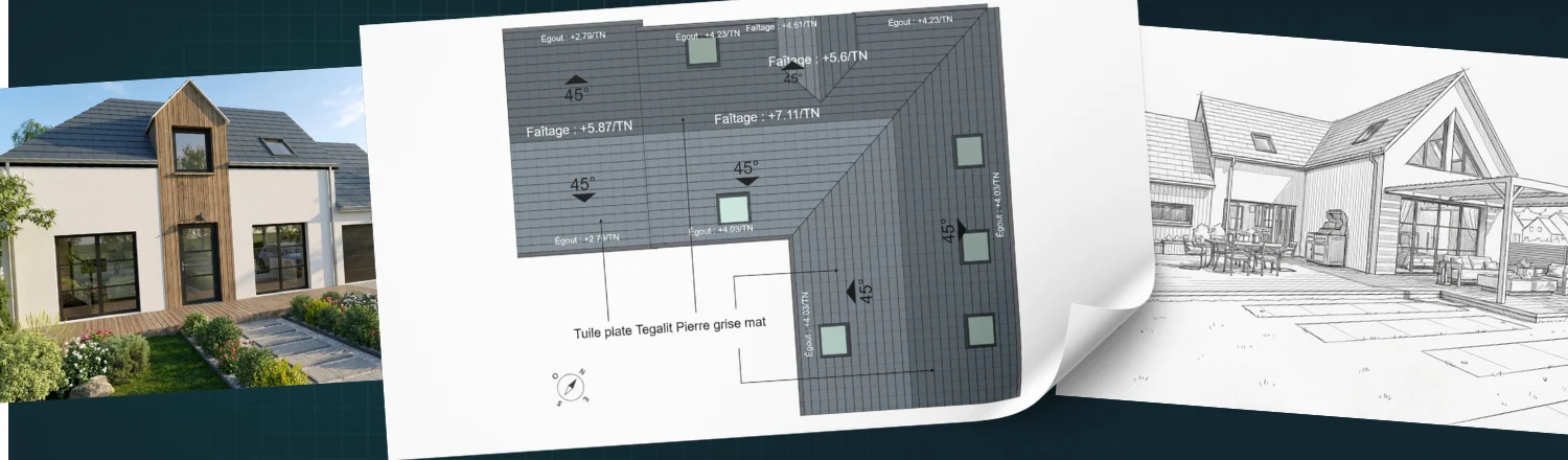 Illustration d'un plan de toiture d'une maison individuelle avec Rendu 3D et Croquis de la maison réalisé acec Cedreo