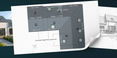 Illustration d'un plan de toiture d'une maison individuelle avec Rendu 3D et Croquis de la maison réalisé acec Cedreo