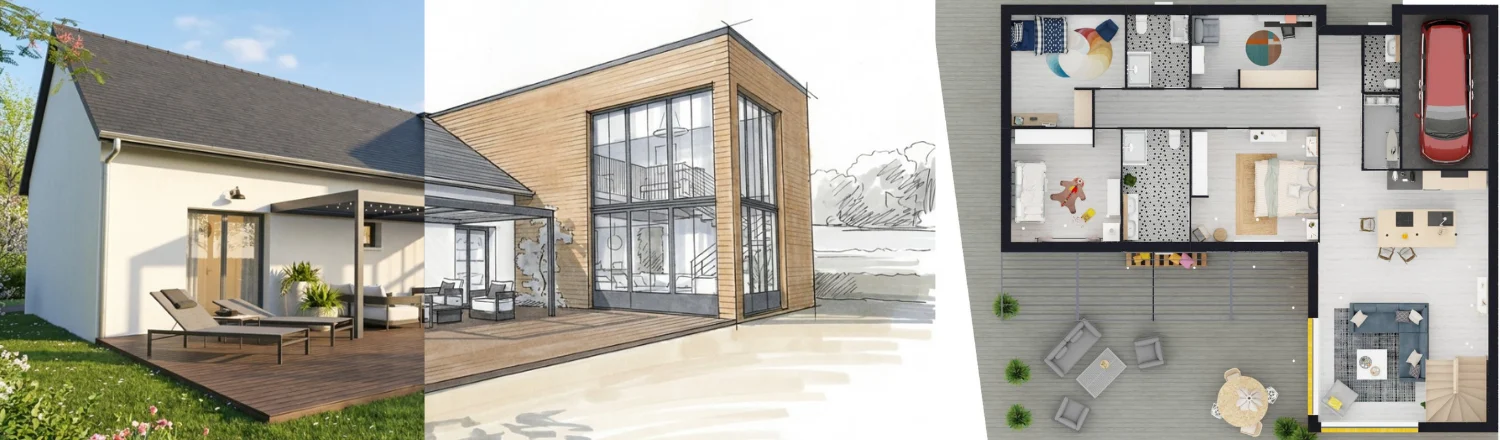 Illustration de plusieurs visuels d'une maison avec extension, Rendu 3D, esquise et plan 3D, réalisé avec Cedreo
