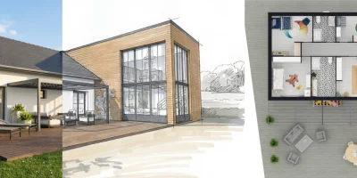 Illustration de plusieurs visuels d'une maison avec extension, Rendu 3D, esquise et plan 3D, réalisé avec Cedreo