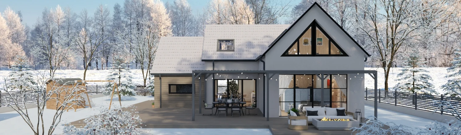 Rendu 3D d'une maison individuelle neuve sous la neige réaliser avec Cedreo