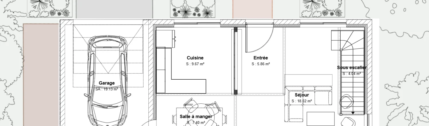 Plan de niveau d'une maison avec des symboles d'aménagement intérieur et extérieur réaliser par Cedreo