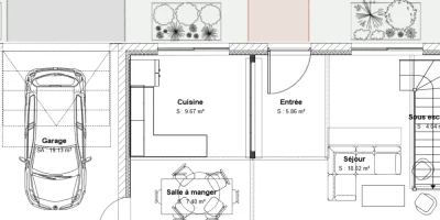 Plan de niveau d'une maison avec des symboles d'aménagement intérieur et extérieur réaliser par Cedreo