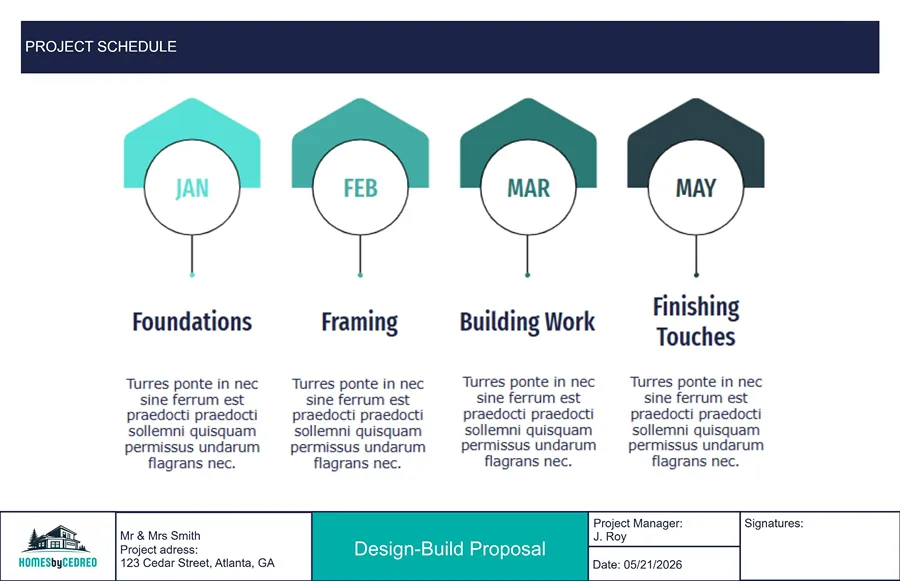 Example of a schedule project page for a design-build proposal by Cedreo