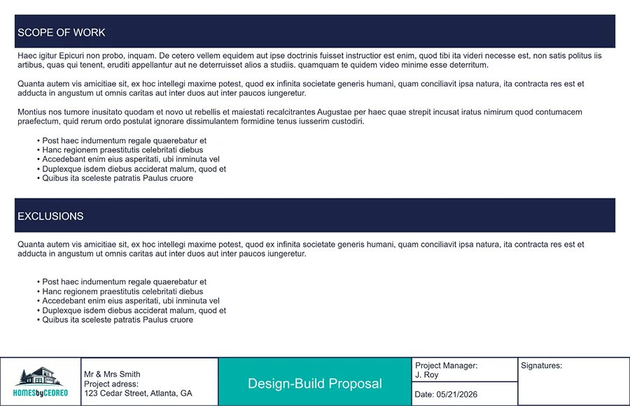 Example of a scope of work for a design-build proposal by Cedreo