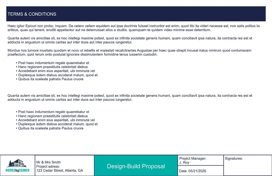 Example of a terms page for a design-build proposal by Cedreo