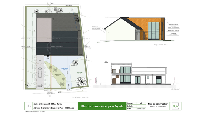 Modèle d'avant projet avec plan de masse, coupe et façade d'une maison avec extension par Cedreo