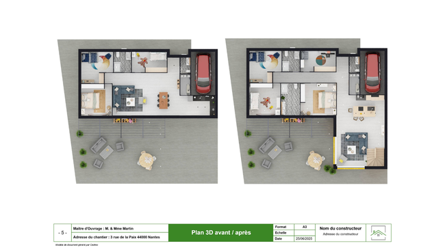 Document APS avec plan 3D avant/après extension pour un projet d'agrandissement de maison par Cedreo
