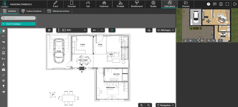 Interface du logiciel Cedreo à l'étape Indications et symboles