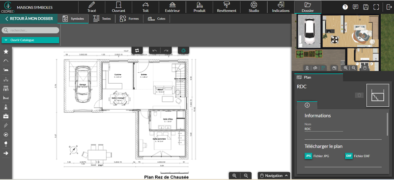 Interface du logiciel Cedreo étape dossier et personnalisation de plan de maison