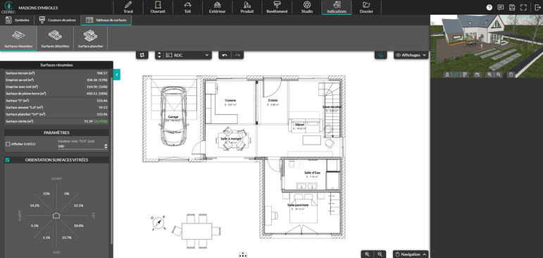 Interface du calcule automatique des surfaces vitrées dans le logiciel Cedreo