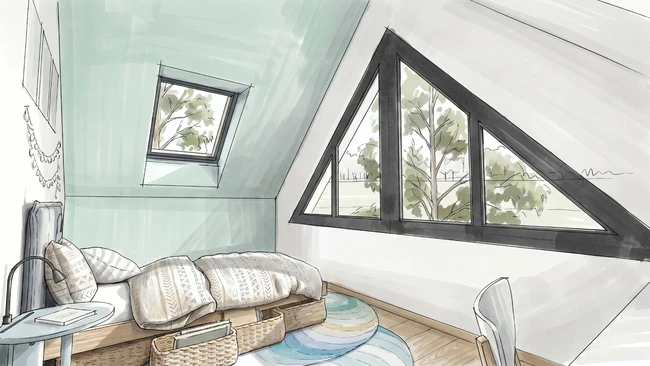 Esquisse d'une chambre sous combles aménagés avec isolation intérieur réalisé avec Cedreo