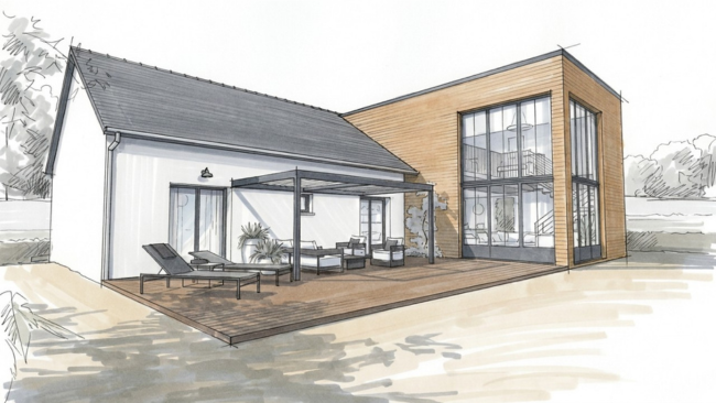 Esquisse d'avant projet d'une maison avec extension bois par Cedreo