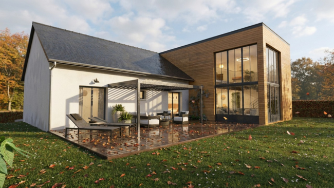 Rendu 3D photoréaliste par IA d'un pavillon classique avec une extension moderne en bardage bois en automne réalisé avec Cedreo