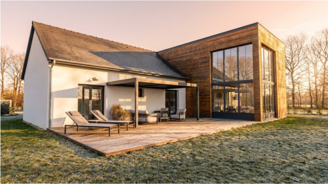 Rendu 3D photoréaliste d'un pavillon classique avec une extension moderne en bardage bois en hiver réalisé avec Cedreo
