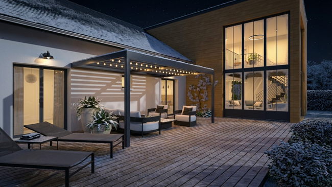 Rendu 3D photoréaliste d'une maison avec une extension bois en hiver la nuit réaliser avec L'IA de Cedreo