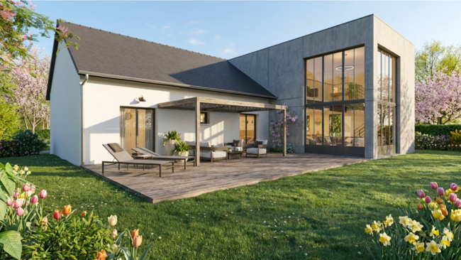 Rendu 3D d'une maison avec extension en revêtement béton réalisé avec le logiciel Cedreo