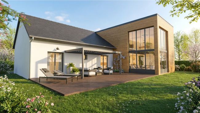 Rendu 3D d'une maison avec extension en bardage lame de bois réalisé avec le logiciel Cedreo