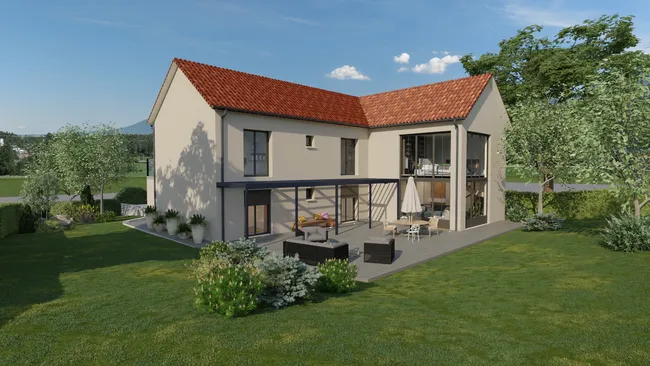 Rendu 3D d'une maison neuve avec toit mutlipans en L réaliser avec Cedreo