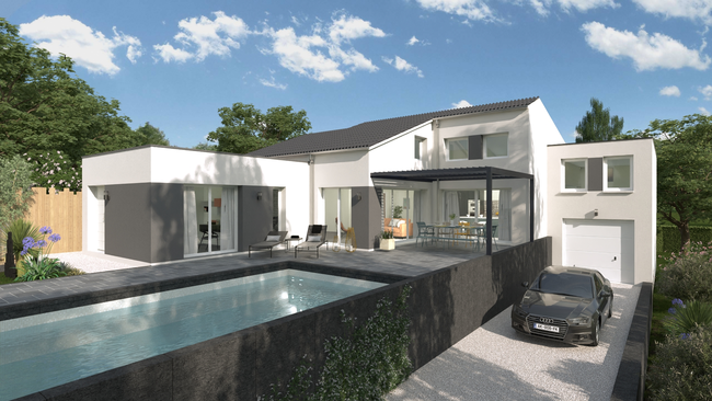 Rendu 3D d'une maison neuve et moderne avec différents types de toits : un pan, deux pans et toit plats réaliser avec Cedreo