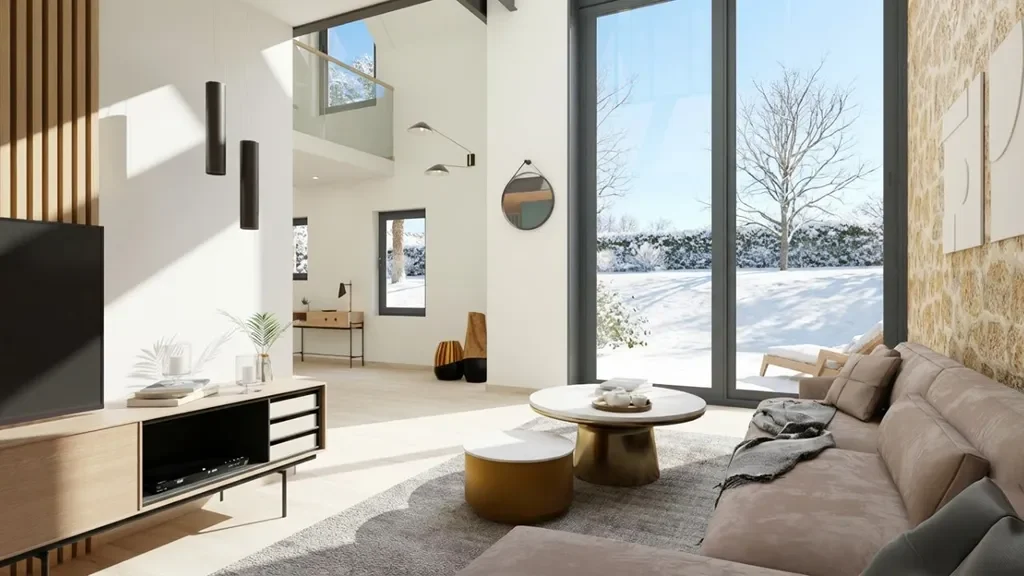 3D render of alivingroom with sunny winter AI effect by Cedreo
