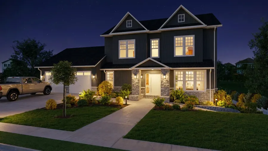 3D render of a modern farmhouse at night with AI effect by Cedreo