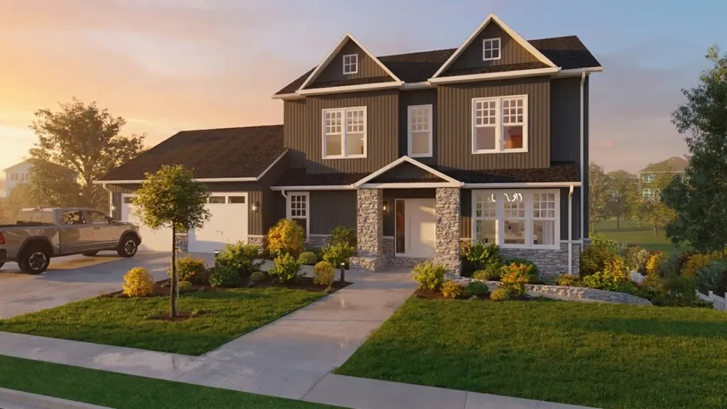3D render of a modern farmhouse with a sunrise AI effect by Cedreo