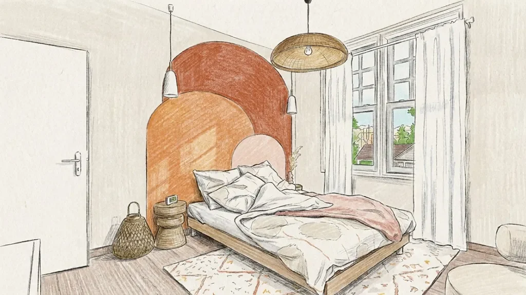 3D render of a bedroom with a sketch AI effect by Cedreo